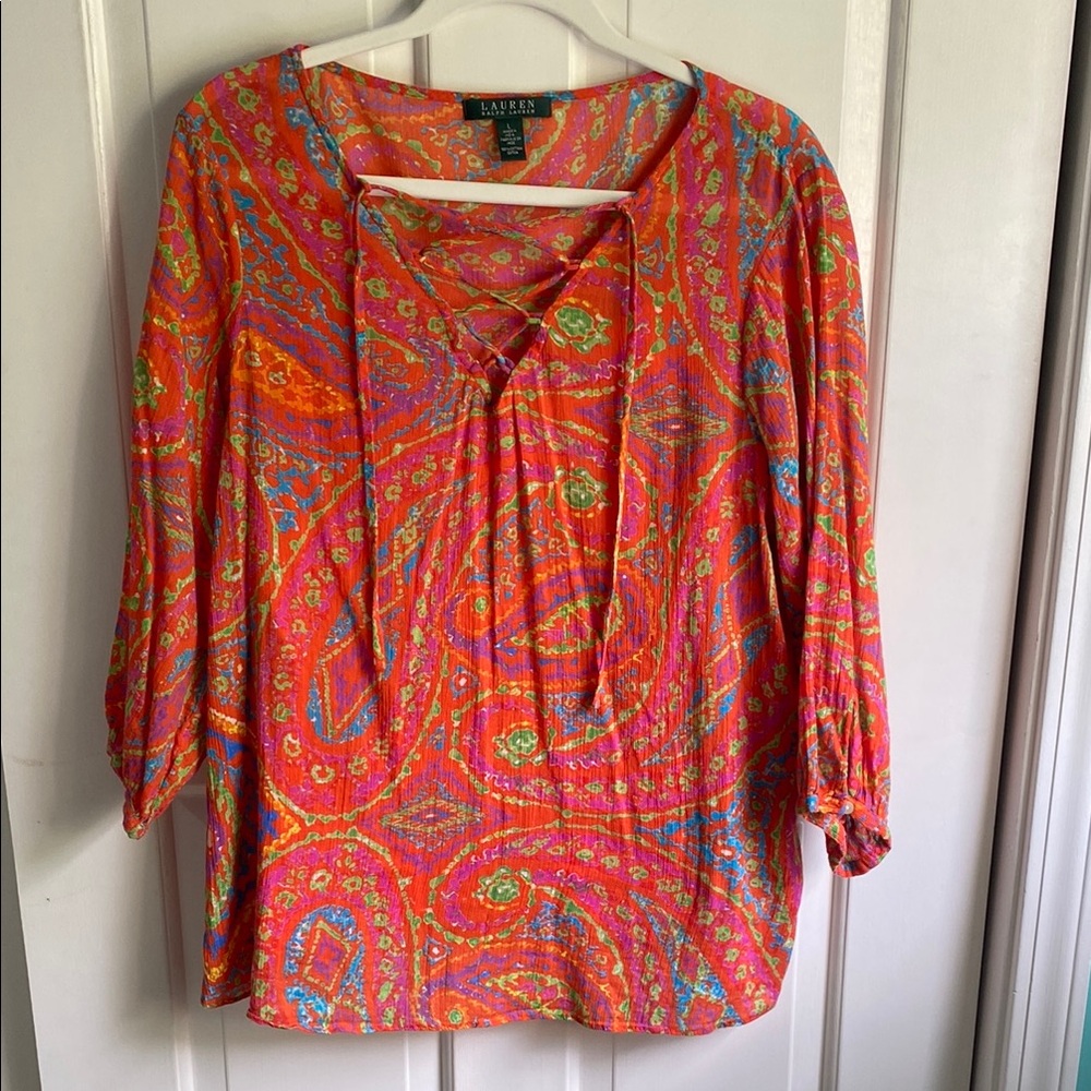 Lauren Ralph Lauren Multicolor 3/4 Sleeve Tie Front Blouse